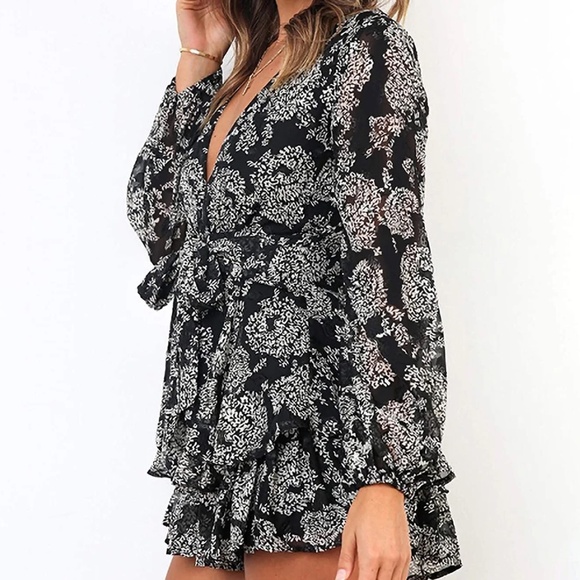 Women's Casual Short Rompers V Neck Long Sleeve Floral Print Waist Tie Double La - Picture 5 of 8
